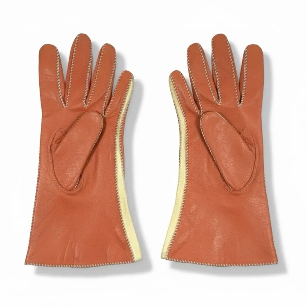 Vintage Kin Kid Leather Colorblock Gloves Ivory Orange Tablecut Size 6.5 1950s